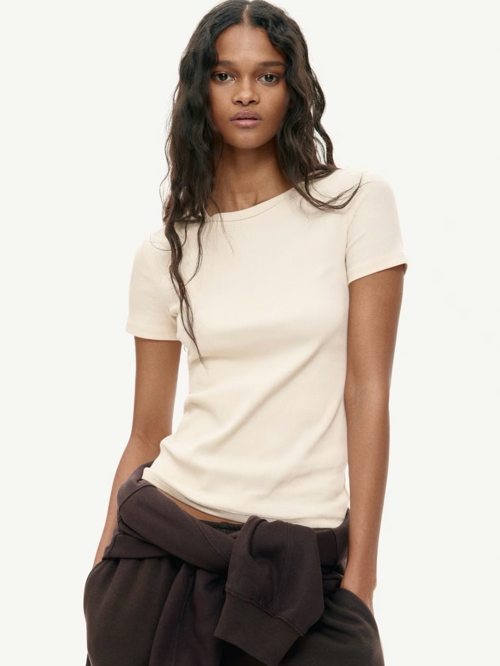 Ribbed T Shirt Women’s Short Sleeve Crewneck Tee in Light Beige